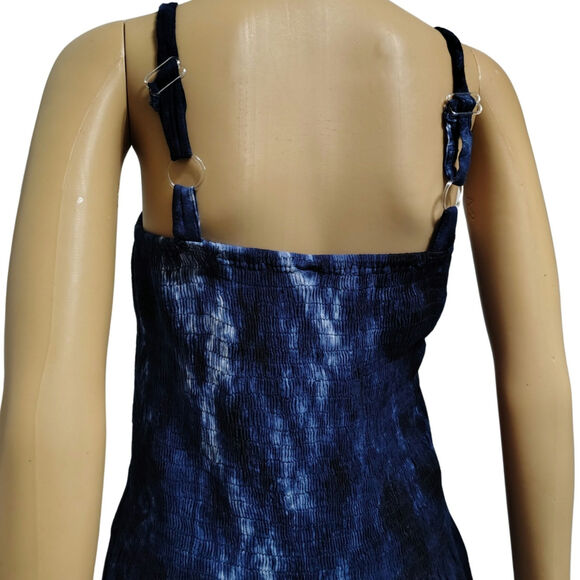 Summer Flowy Dress Blue Tye-Dye Elastic Shirred Top Uneven Hemline One Size - Picture 5 of 8